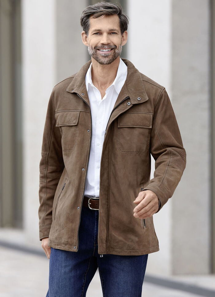 L&auml;derjacka med br&ouml;stfickor 