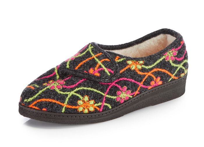 Kardborrtofflor med f&auml;rgglada blombroderier ANTRACIT-F&Auml;RGRIK