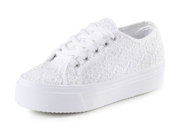 Snörsko med blombroderi i spetslook VIT
