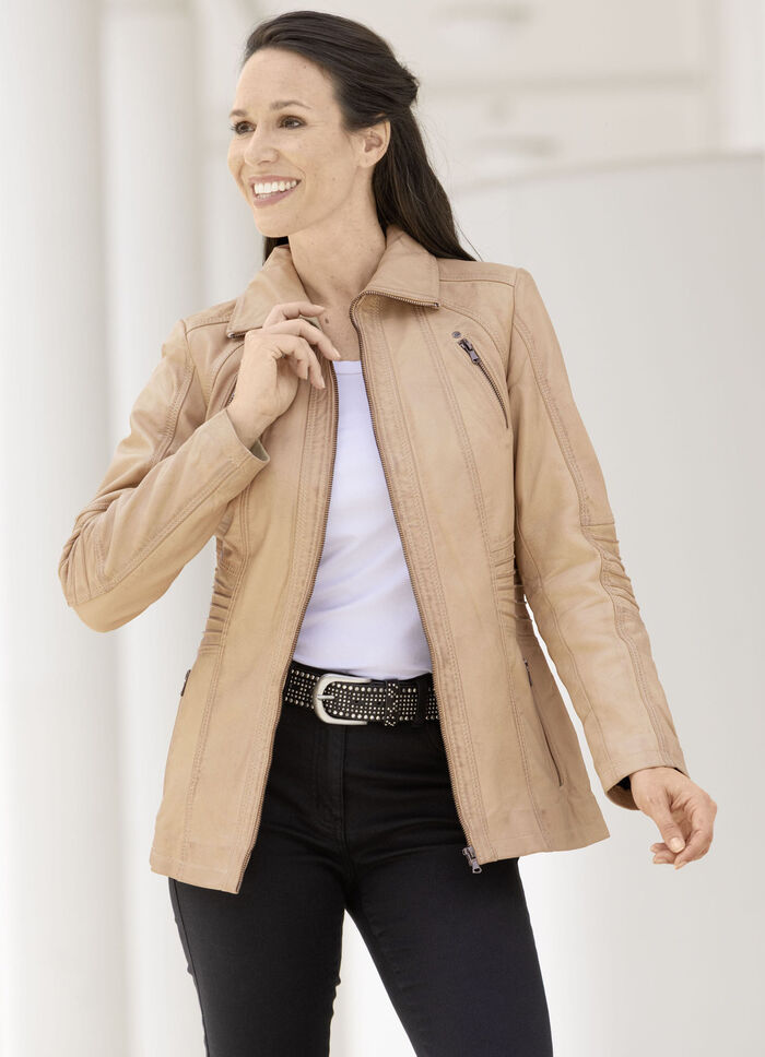 Kort skinnjacka med st&aring;krage 