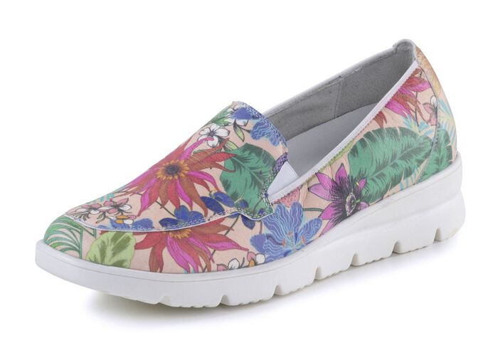 Waldl&auml;ufer tofflor tillverkade av bestruket, blomtryckt textilmaterial FLERF&Auml;RGAD