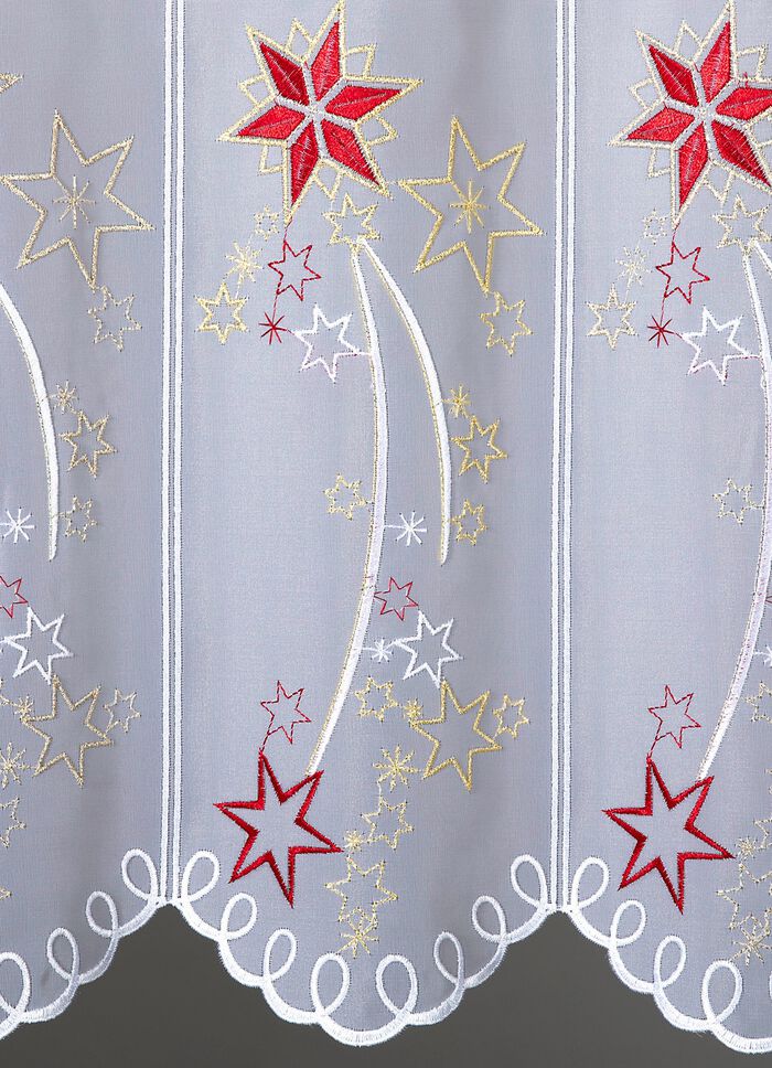 Kort gardin med &auml;kta Plauen-broderi och metalliserat garn 