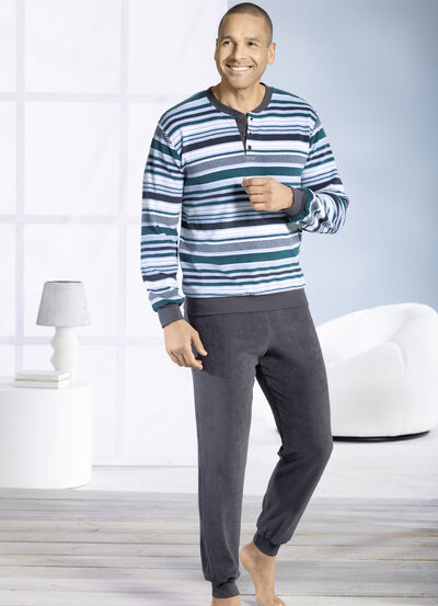 Pyjamas i stretchfrotté med knappslå och muddar, , large