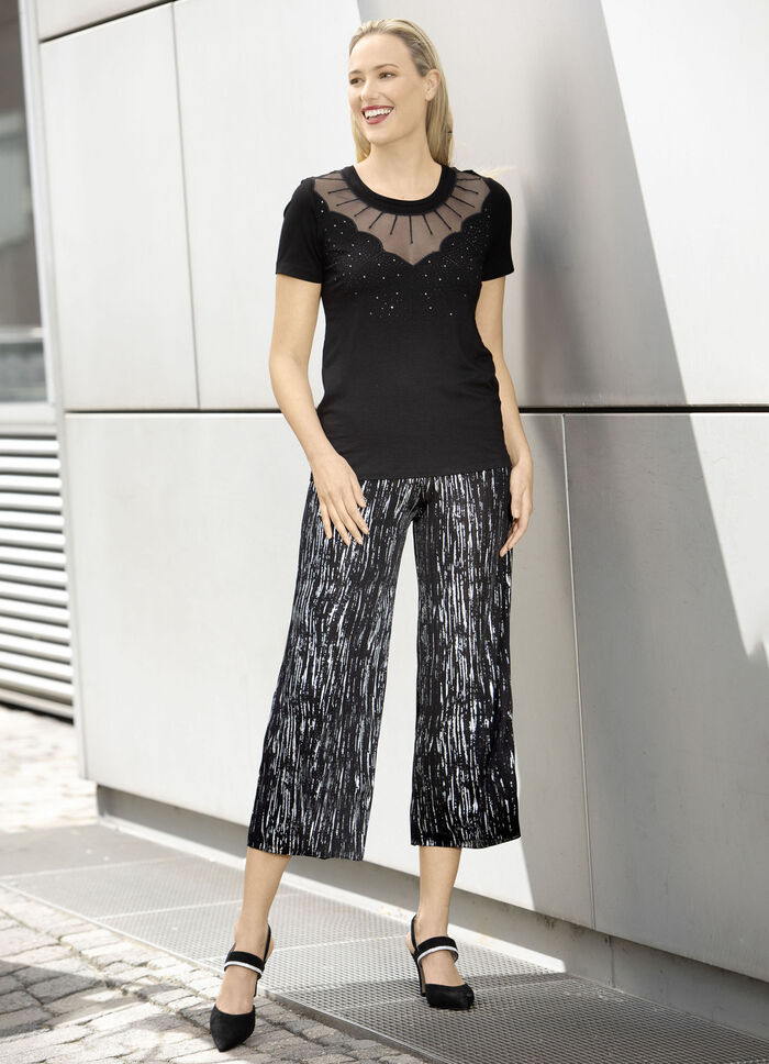Culottes med elegant glansigt tryck SVART SILVER