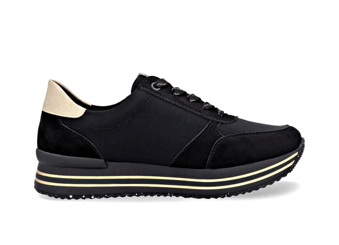 Remonte, trendiga damsneakers, vidd G, med uttagbar fotb&auml;dd SVART-GULD