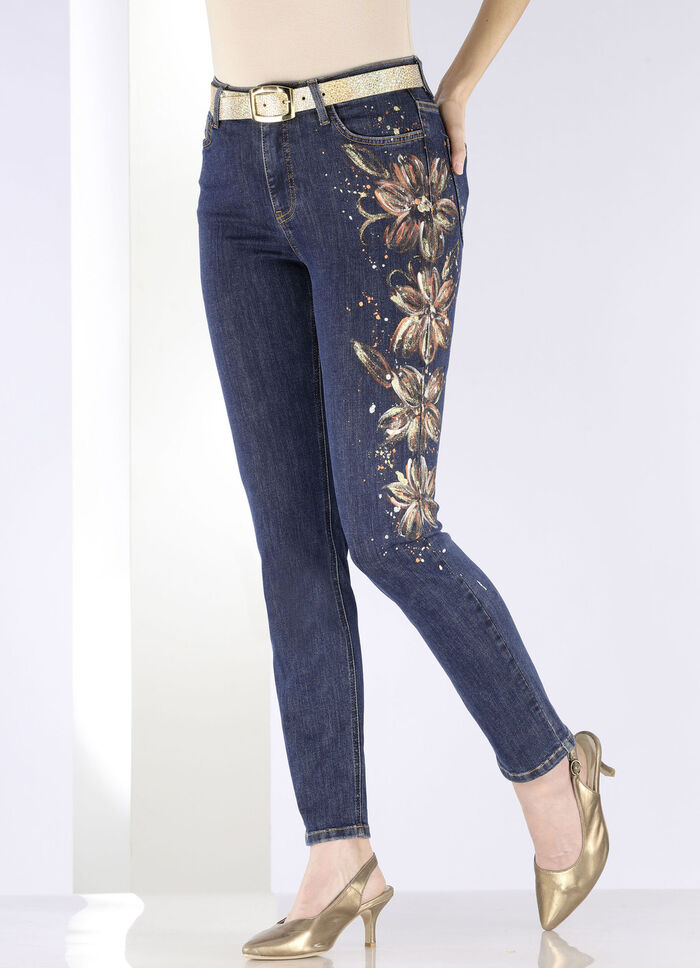 Eleganta jeans med handmålade blommotiv 