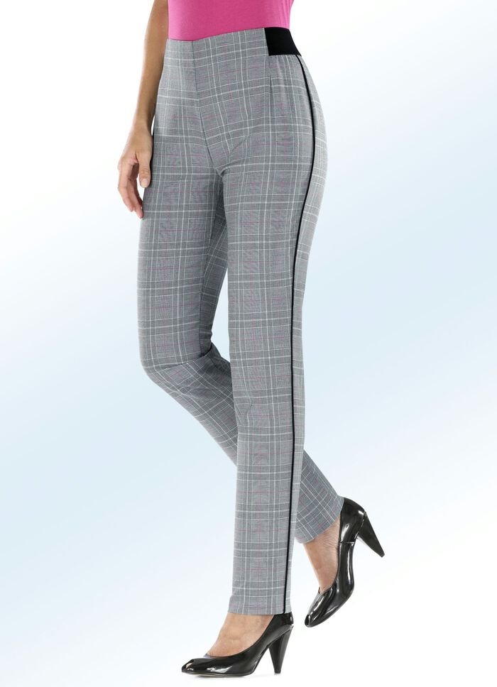 Glen-rutiga byxor med speciell linningsbearbetning SVART-VIT-ROSA