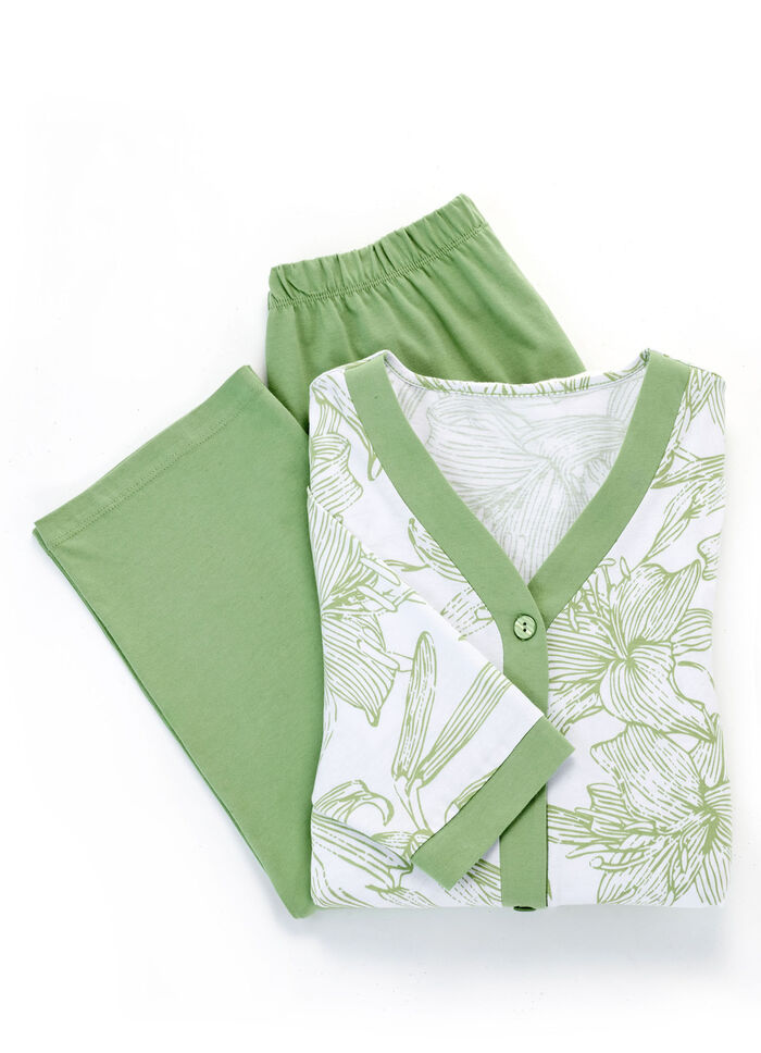 Pyjamas, genomkn&auml;ppt med knappsl&aring; och l&aring;nga &auml;rmar WEISS-SCHILFGR&Uuml;N