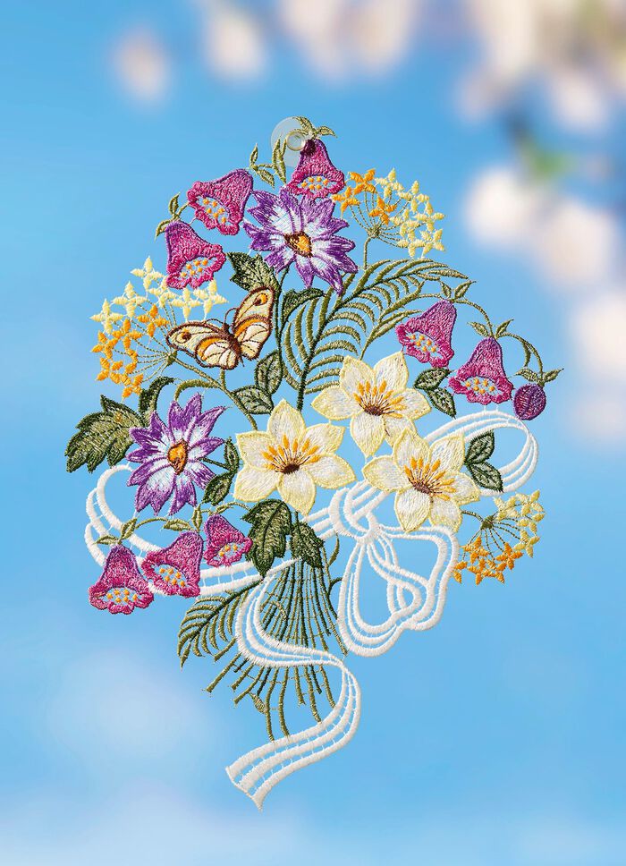 F&ouml;nsterbild med en bukett blommor gjord av Plauenspets 