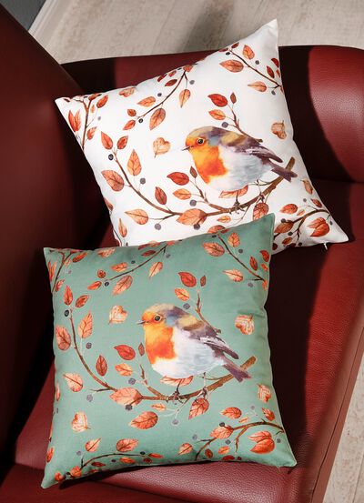 Kuddfodral med f&aring;gel p&aring; gren motiv 