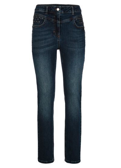 Jeans med strass och dekorativa s&ouml;mmar 