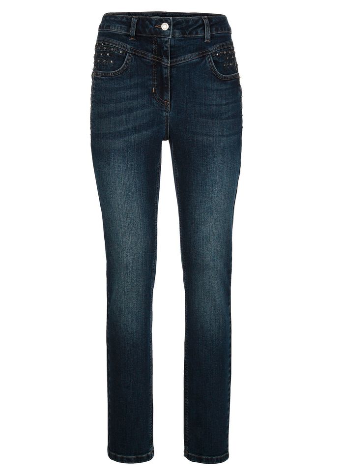 Jeans med strass och dekorativa s&ouml;mmar 