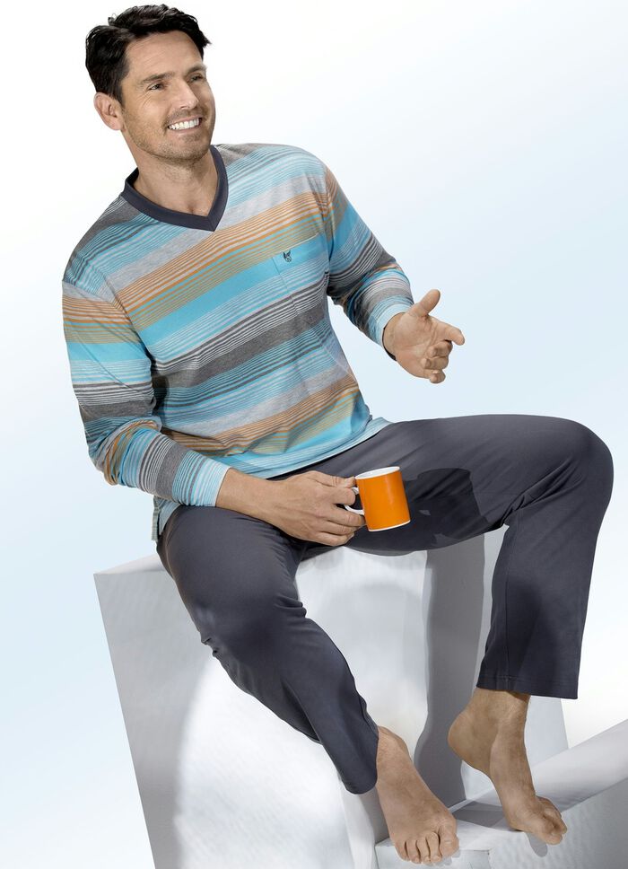 Hajo Klima komfortpyjamas med garnf&auml;rgad randig design, V-ringning, br&ouml;stficka 