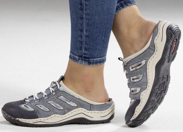 Rieker, klassiska damtr&auml;skor, med elastisk dekorativ sn&ouml;rning DENIM BL&Aring;-BEIGE