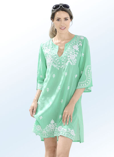 Tunika med vitt broderi och sidoslitsar, ren bomull, , large