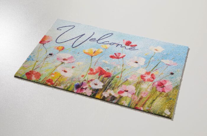 Blommig d&ouml;rrmatta "V&auml;lkommen" 