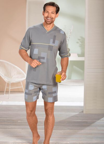 Shorty med V-ringning och tryckt motiv 