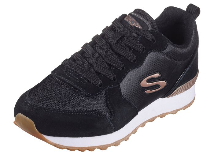 SKECHERS, sportiga damsneakers, tillverkade av l&auml;der, syntetmaterial och mesh SCHWARZ-ROS&Eacute;GOLD