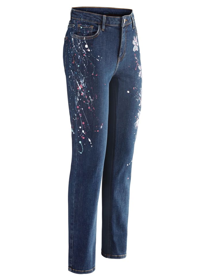 Jeans med handm&aring;lade blommotiv 