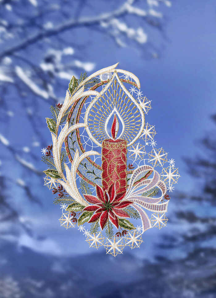 Fönsterbild av äkta Plauen-spets 