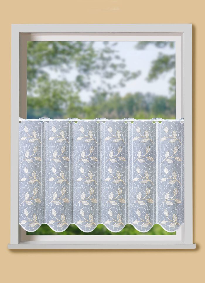 Kort gardin med filigranbroderad l&ouml;vdesign 