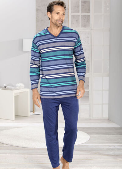 Pyjamas med V-ringning och garnfärgade ränder, , large