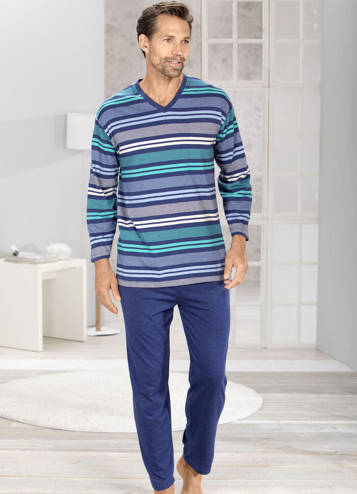 Pyjamas med V-ringning och garnfärgade ränder, 
