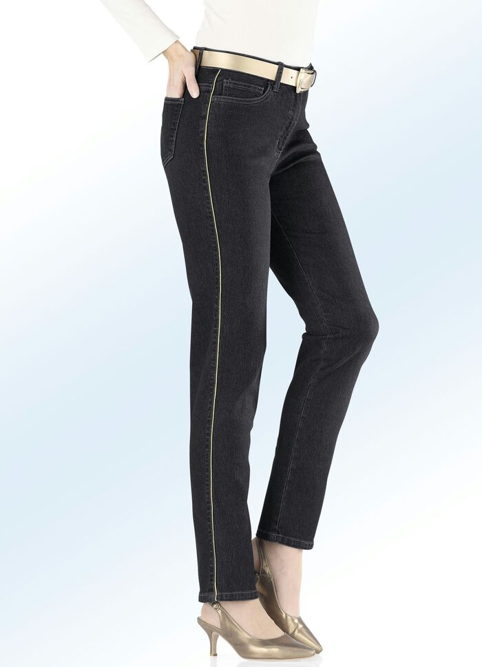 Eleganta jeans med gl&auml;nsande tr&aring;dkant SVART