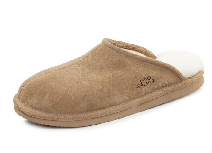 GINO GALANTE, trendiga herrtofflor, med lammskinn CAMEL