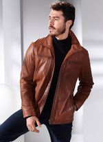 Kort skinnjacka med st&aring;krage 