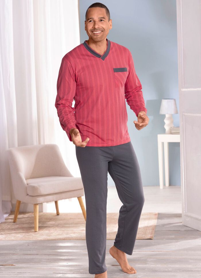 Pyjamas med randig design, V-ringning och br&ouml;stficka 