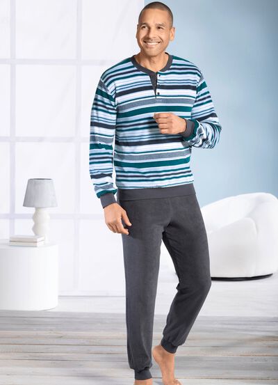 Pyjamas i stretchfrott&eacute; med knappsl&aring; och muddar 