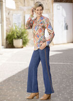 Jeans med dekorativa sömmar i etnisk stil JEANSBLÅ