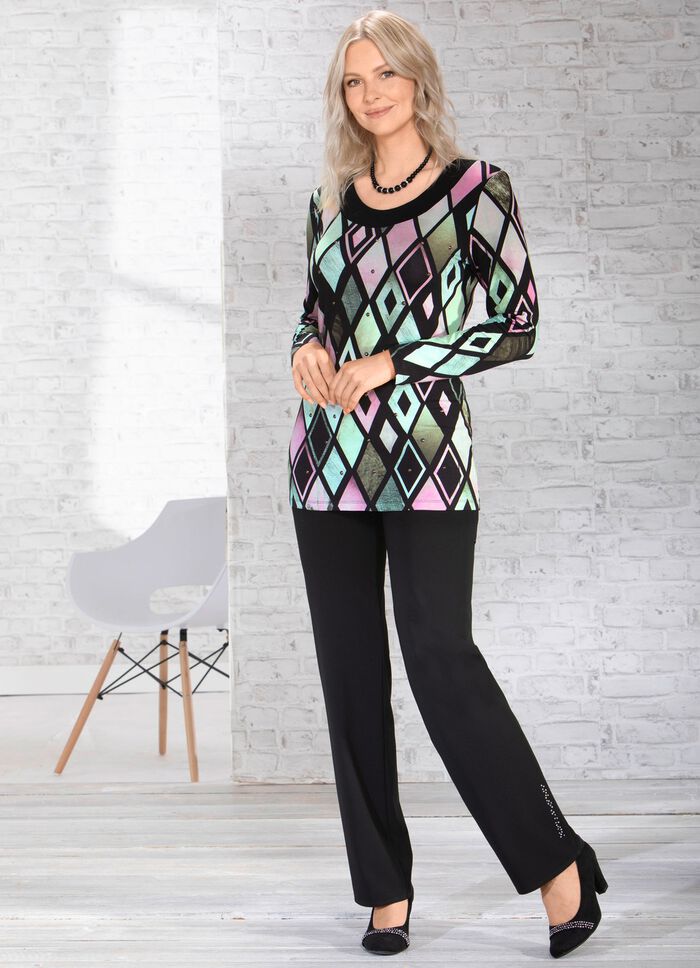 Byxor med vackert strass- och p&auml;rlmotiv 