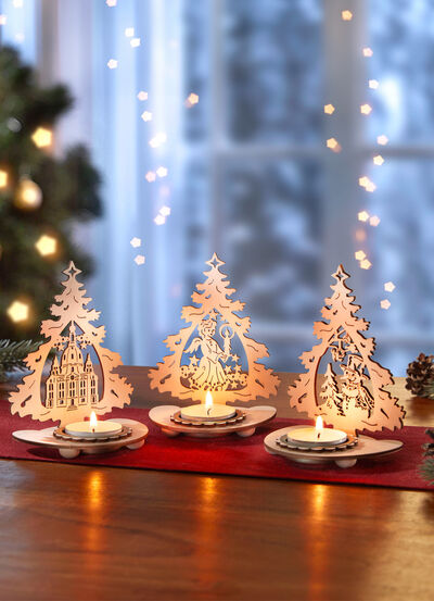 Värmeljushållare i trä, set om 3 