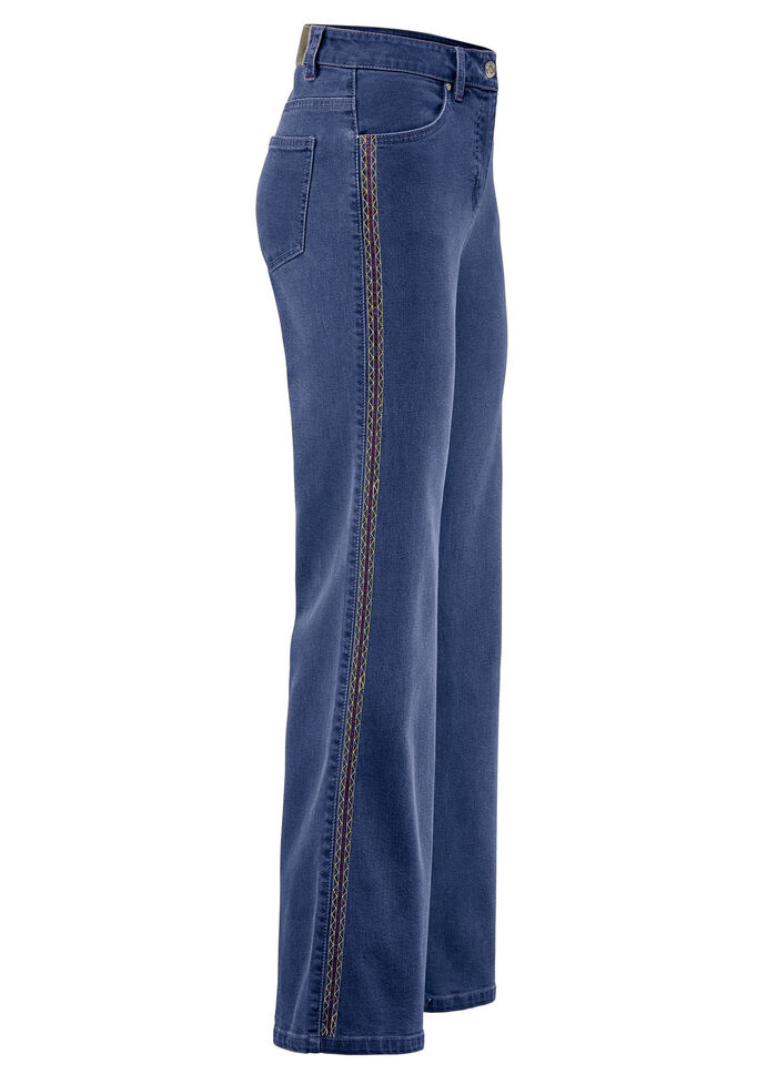 Jeans med dekorativa sömmar i etnisk stil JEANSBLÅ