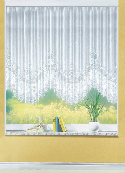 Blomsterf&ouml;nstergardin, j&auml;mnt b&ouml;jd, med veckat band 