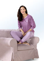 Pyjamas i stretchfrott&eacute; med knappsl&aring; 