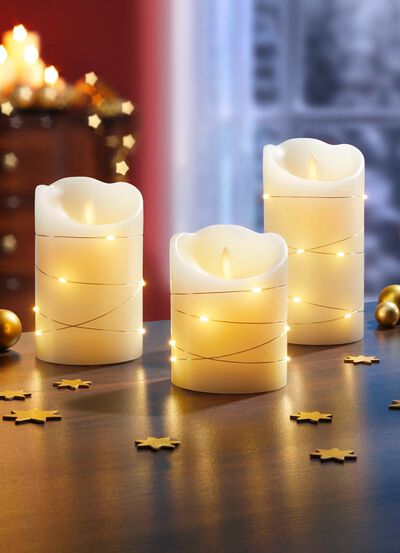 LED-ljus i &auml;kta vax, set om 3, med fl&auml;mtande effekt 