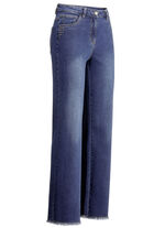 Jeans med trendig fransad fåll MÖRKBLÅ