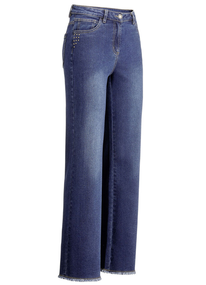 Jeans med trendig fransad fåll MÖRKBLÅ