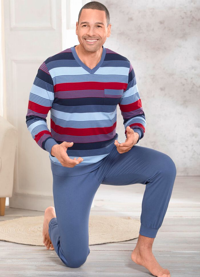 Tv&aring;pack pyjamas med V-ringning och lappad br&ouml;stficka i randig design 