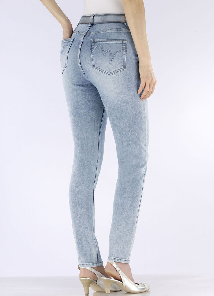 Jeans med strassdekor och glänsande blommotiv 
