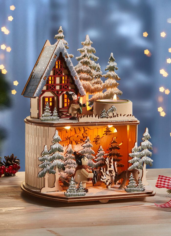 Upplyst vinterskogsscen 