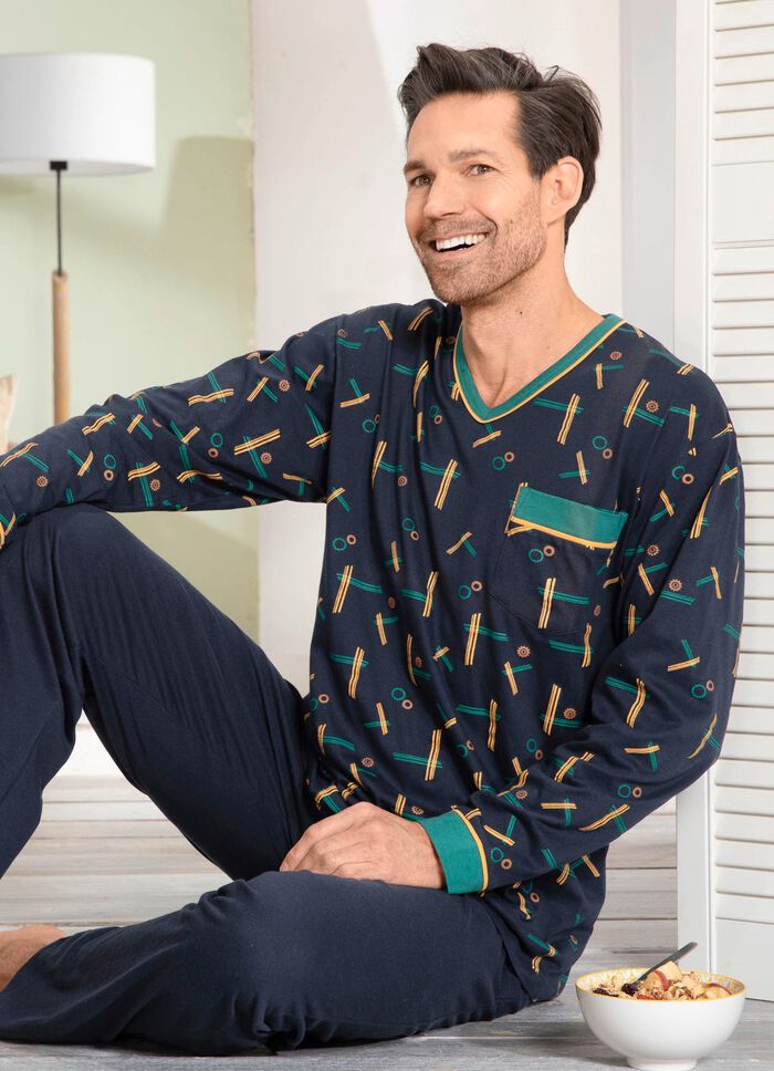 Pyjamas med m&ouml;nstrad topp, V-ringning och br&ouml;stficka 