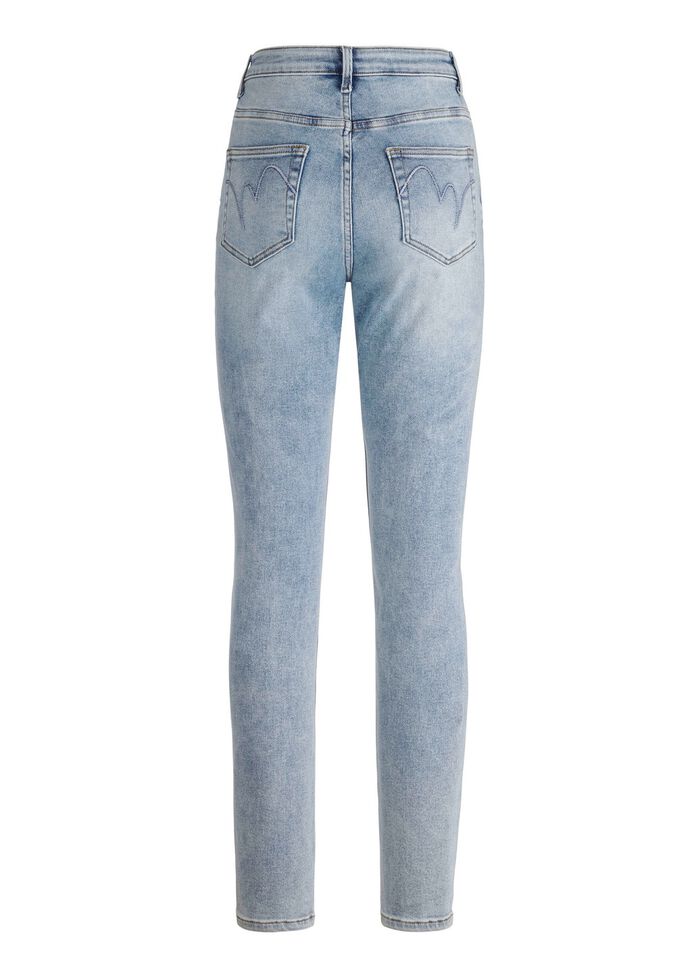 Jeans med strassdekor och gl&auml;nsande blommotiv 