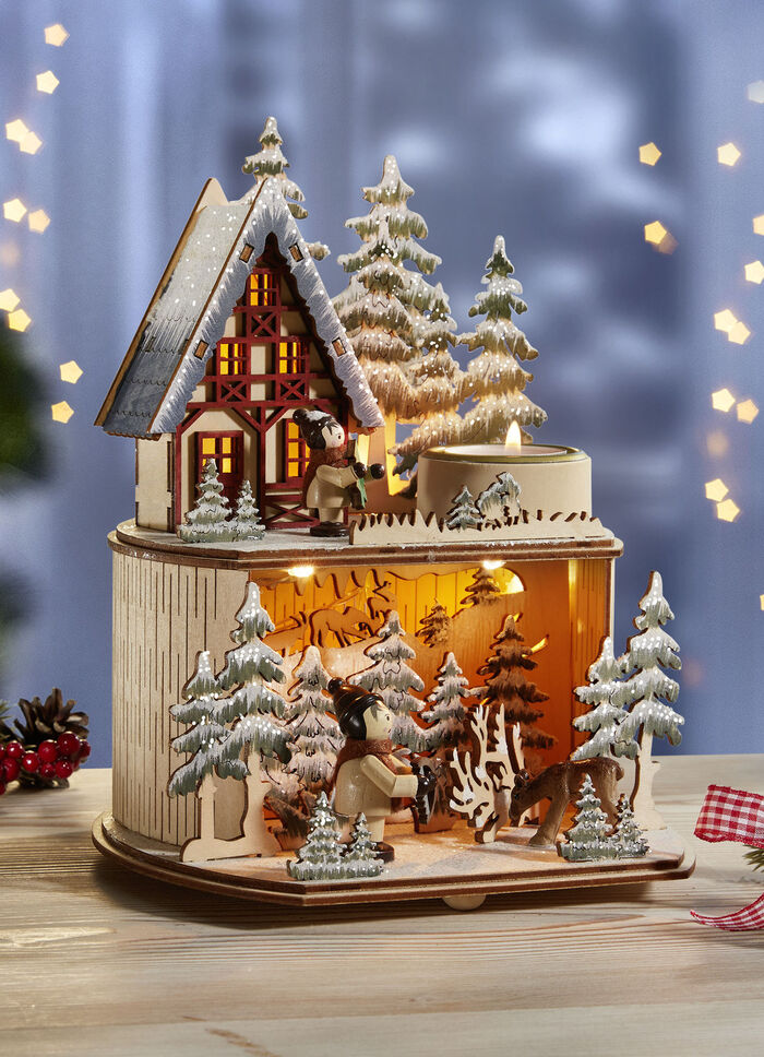 Upplyst vinterskogsscen 