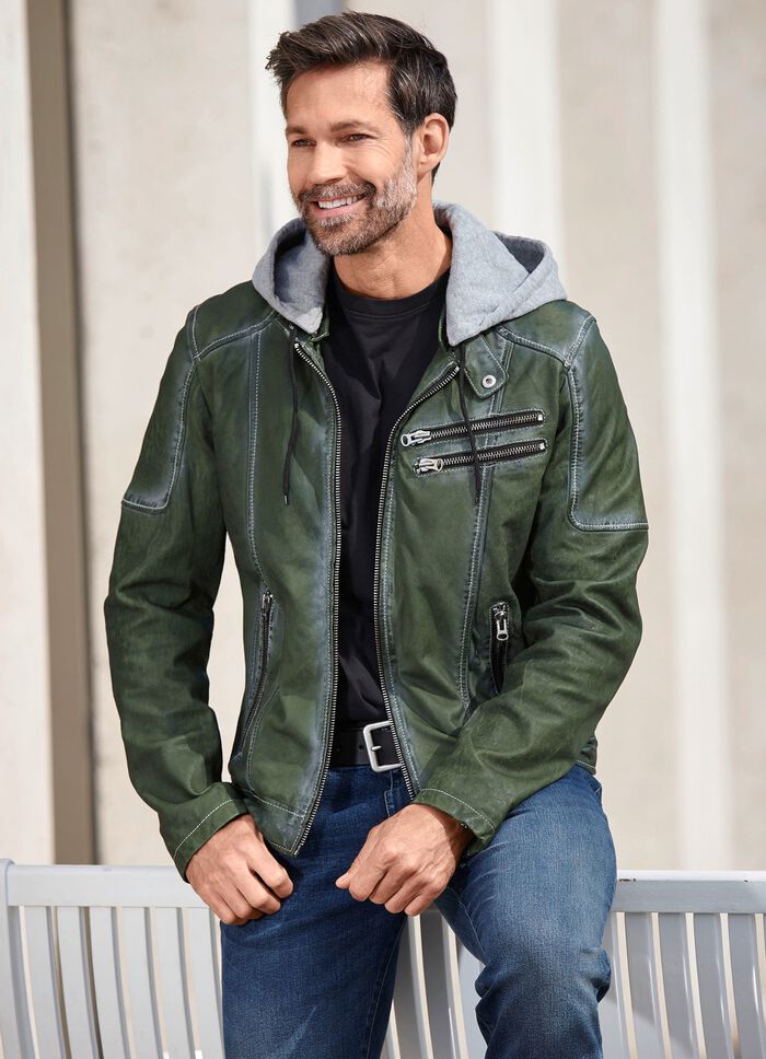 Kort l&auml;derjacka med huva 