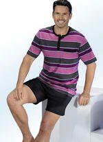 Shorty gjord av ekologisk bomull med garnf&auml;rgad randig design, knappsl&aring; och br&ouml;stficka 