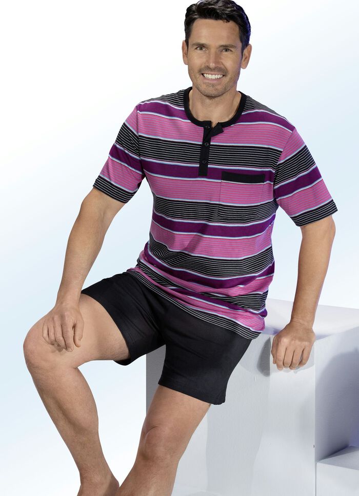 Shorty gjord av ekologisk bomull med garnf&auml;rgad randig design, knappsl&aring; och br&ouml;stficka 